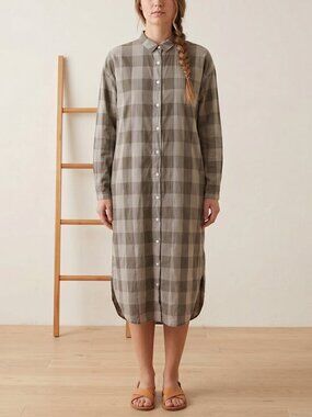 ISHIKO lightweight Cotton Gray Checkered Shirt Dress with pockets onesize